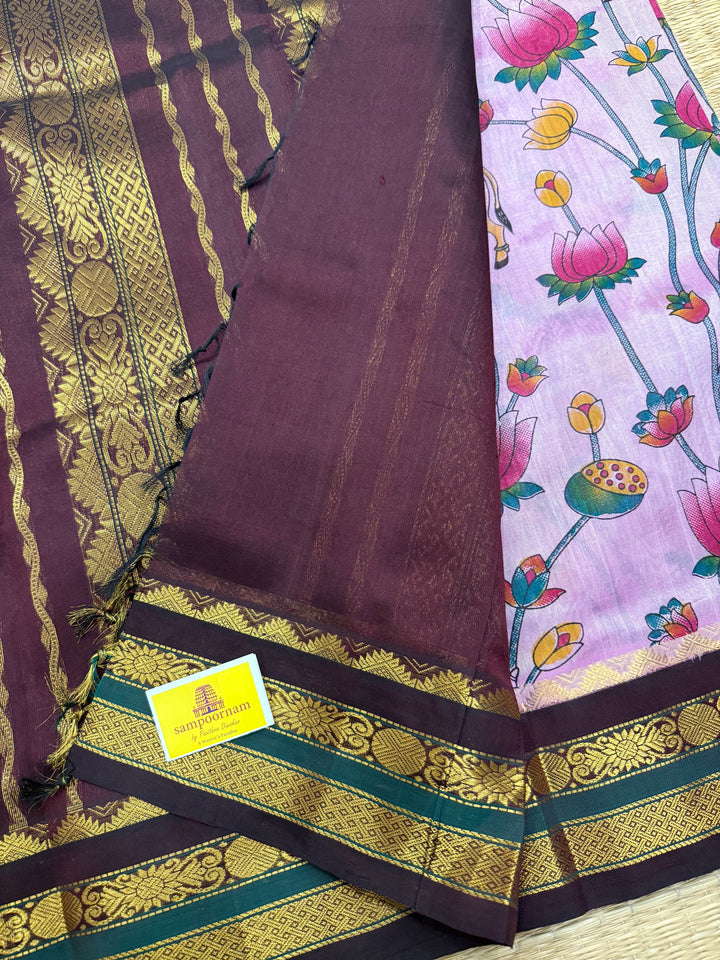 Lavender with Brown traditional borders and rich Pallu , Pichwai printed Korvai Silk Cotton Saree