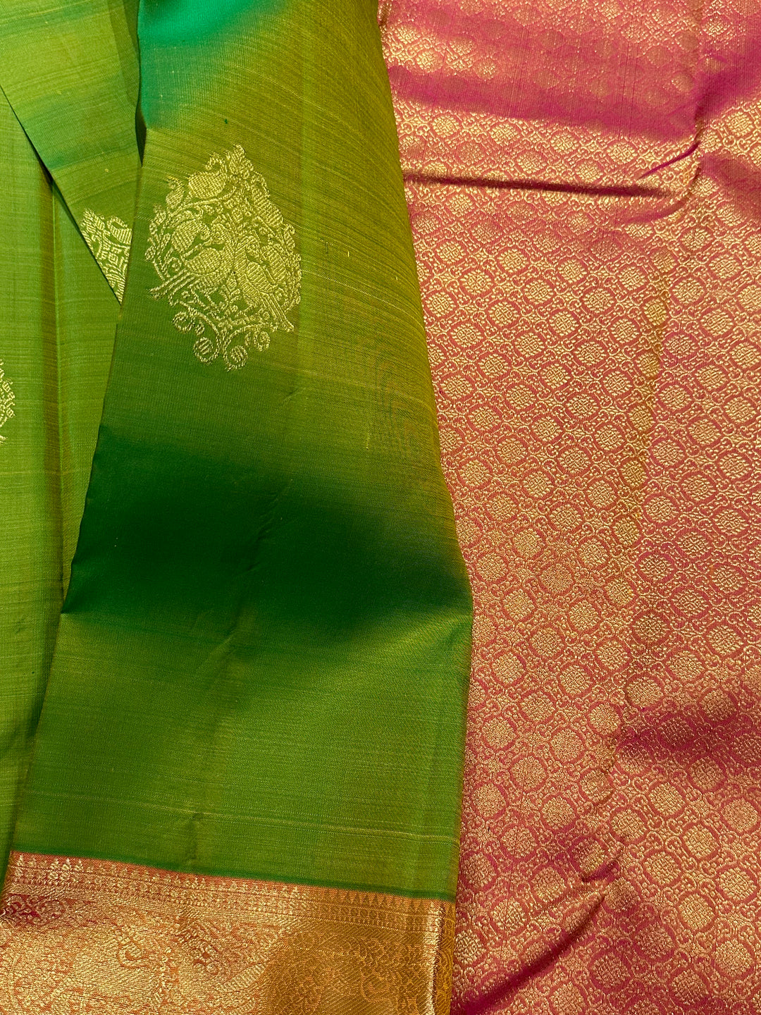 Light Green with Orangish Pink Rich Butta with Grand Pallu Kanjivaram Silk Saree