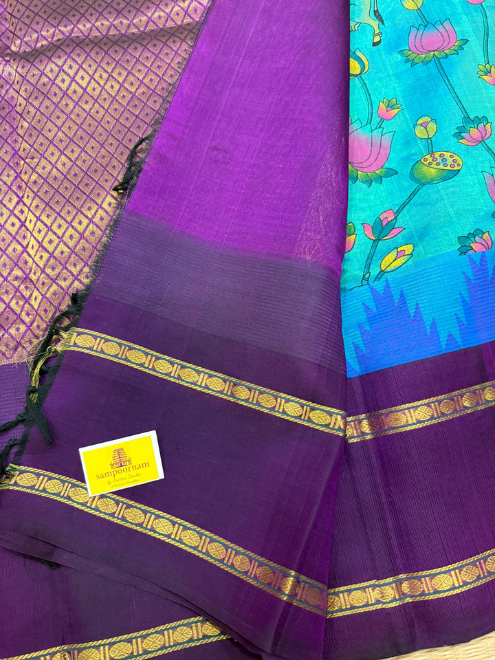 Ramar Blue with Purple ,one side rettapet big temple border and  rich Pallu , Pichwai printed Korvai Silk Cotton Saree