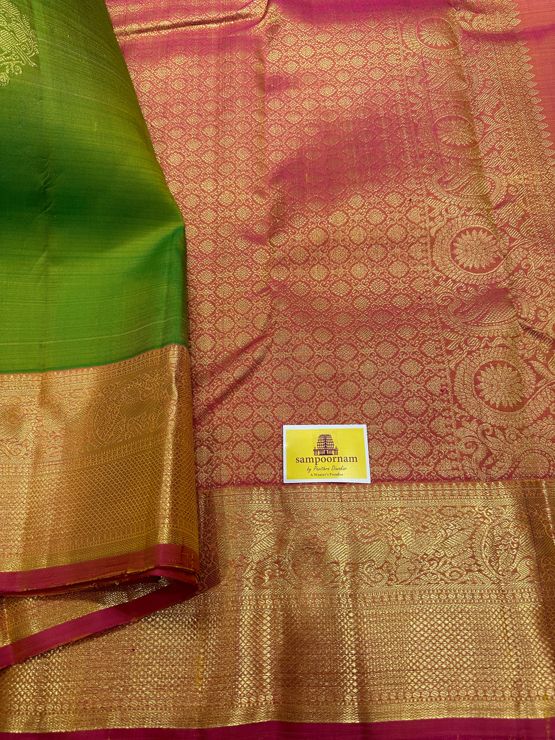 Light Green with Orangish Pink Rich Butta with Grand Pallu Kanjivaram Silk Saree