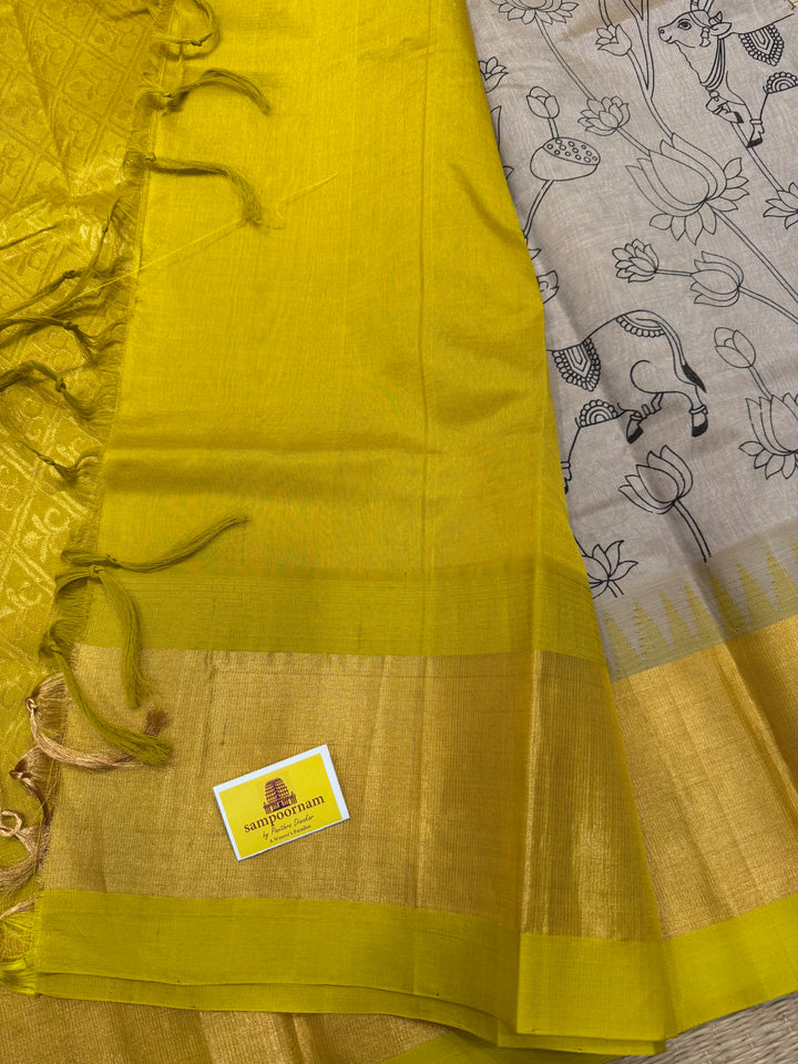 Beige with Lemon Yellow, Tissue Borders and Rich Pallu ,Pichwai Outline Printed Korvai Silk Cotton Saree