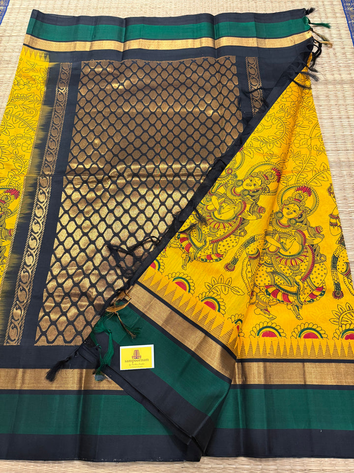 Yellow with Black , triple colour temple border ,rich Pallu Radhakrishna printed Korvai Silk Cotton Saree