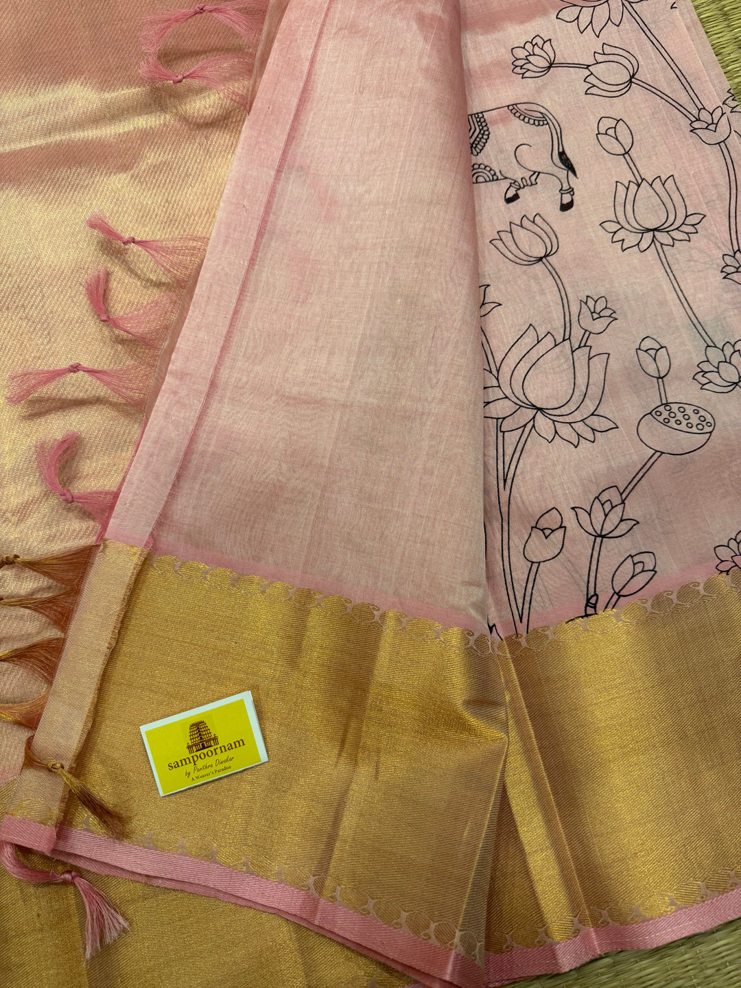 Baby Pink with rich Gold tissue border and rich Tissue Pallu , Pichwai outline printed Silk Cotton Saree