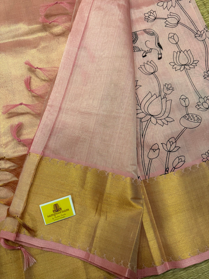 Baby Pink with rich Gold tissue border and rich Tissue Pallu , Pichwai outline printed Silk Cotton Saree