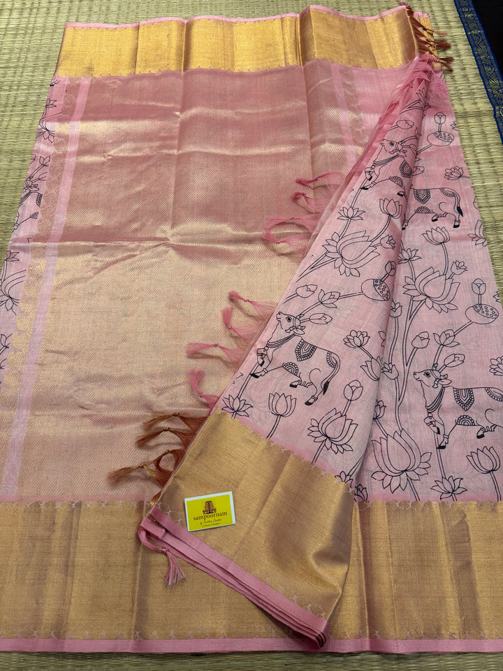 Baby Pink with rich Gold tissue border and rich Tissue Pallu , Pichwai outline printed Silk Cotton Saree