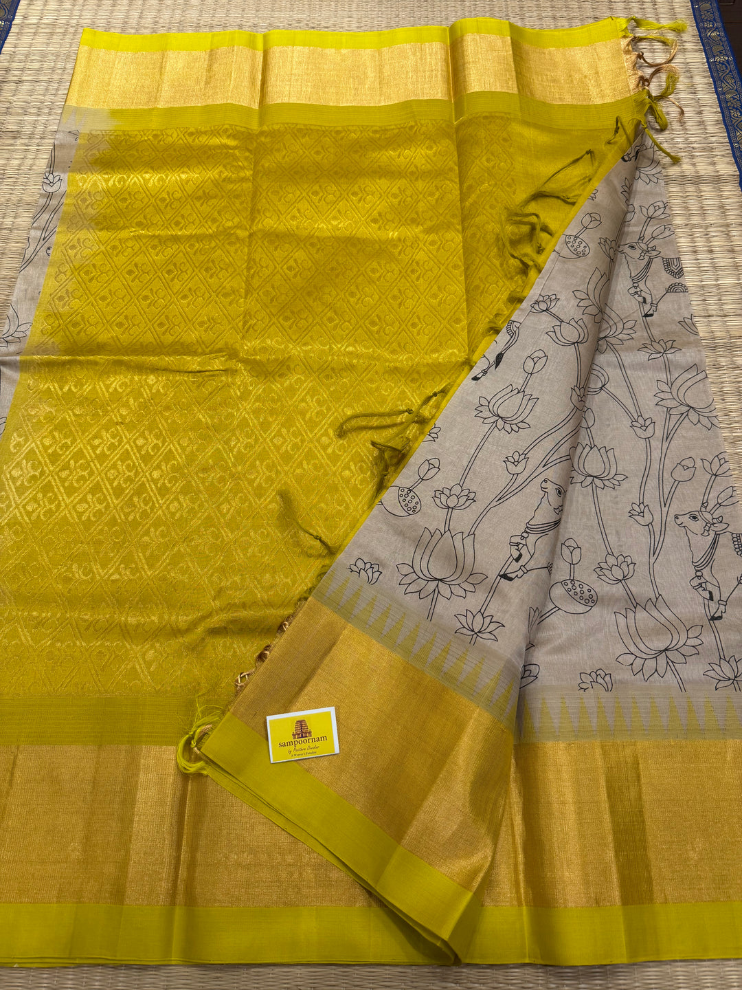 Beige with Lemon Yellow, Tissue Borders and Rich Pallu ,Pichwai Outline Printed Korvai Silk Cotton Saree
