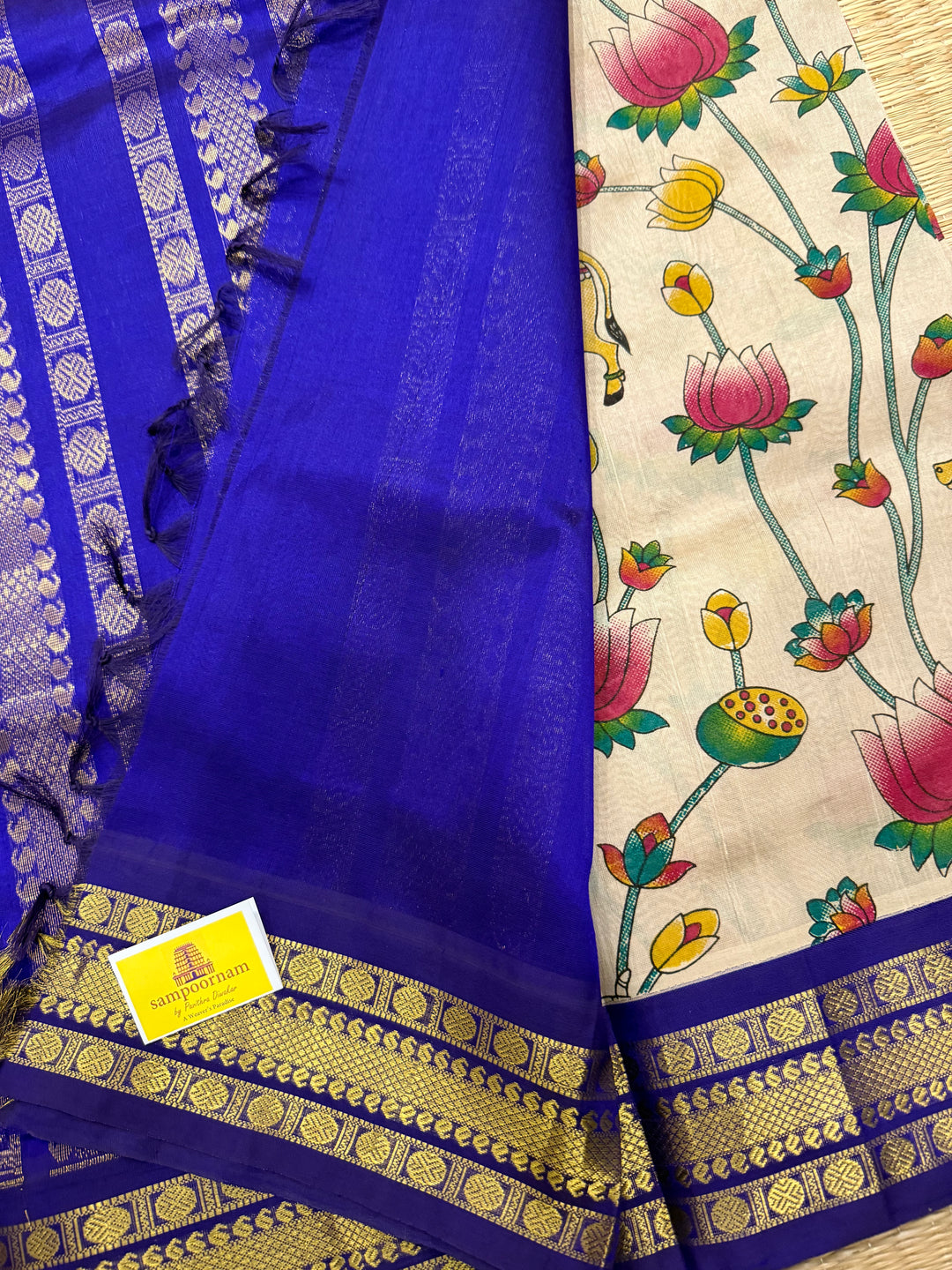 Beige with Blue traditional borders and  rich Pallu , Pichwai printed Korvai Silk Cotton Saree