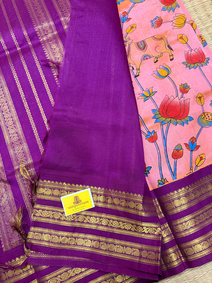 Pink with Magenta traditional rich borders and grand Pallu , Pichwai printed Korvai Silk Cotton Saree