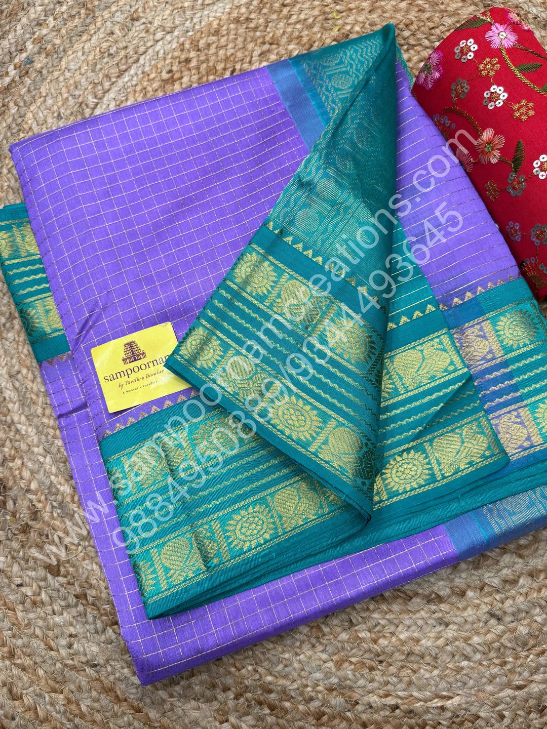 Lavender with Sea Green  , rich Zari checks in the body , Rettapet Borders and Grand Pallu Korvai Silk Cotton Saree