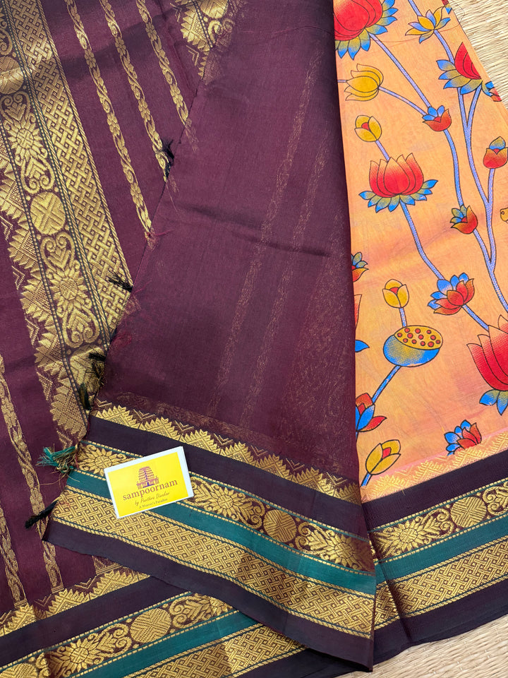 Peachish Orange with Ganga Jamuna borders Brown and Purple ,  rich Pallu Pichwai printed Korvai Silk Cotton Saree