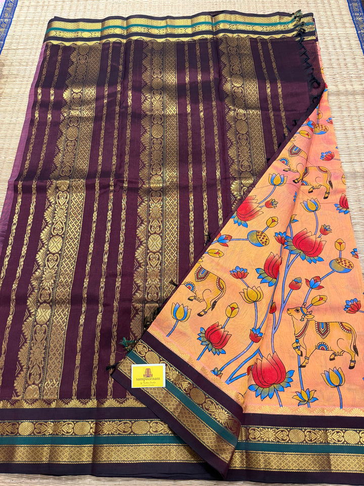 Peachish Orange with Ganga Jamuna borders Brown and Purple ,  rich Pallu Pichwai printed Korvai Silk Cotton Saree