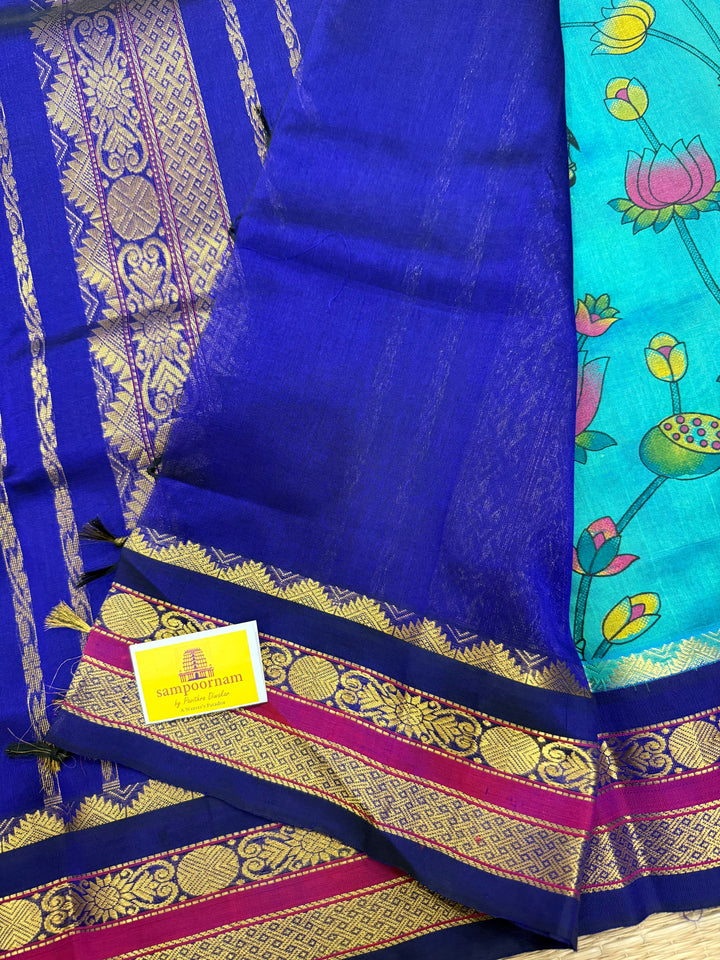 Ramar Blue with Ganga Jamuna borders Blue and Purple ,  rich Pallu , Pichwai printed Korvai Silk Cotton Saree