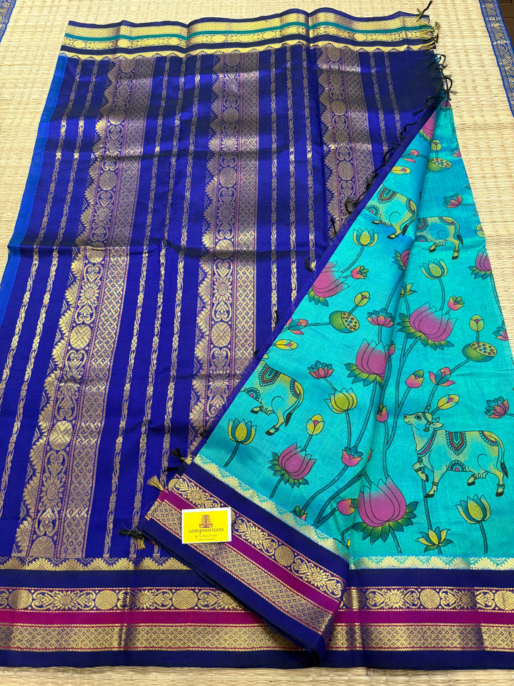 Ramar Blue with Ganga Jamuna borders Blue and Purple ,  rich Pallu , Pichwai printed Korvai Silk Cotton Saree