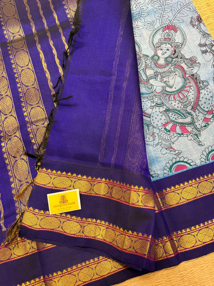 Steel Blue with Dark Blue rettapet border, rich Pallu Radhakrishna printed Korvai Silk Cotton Saree