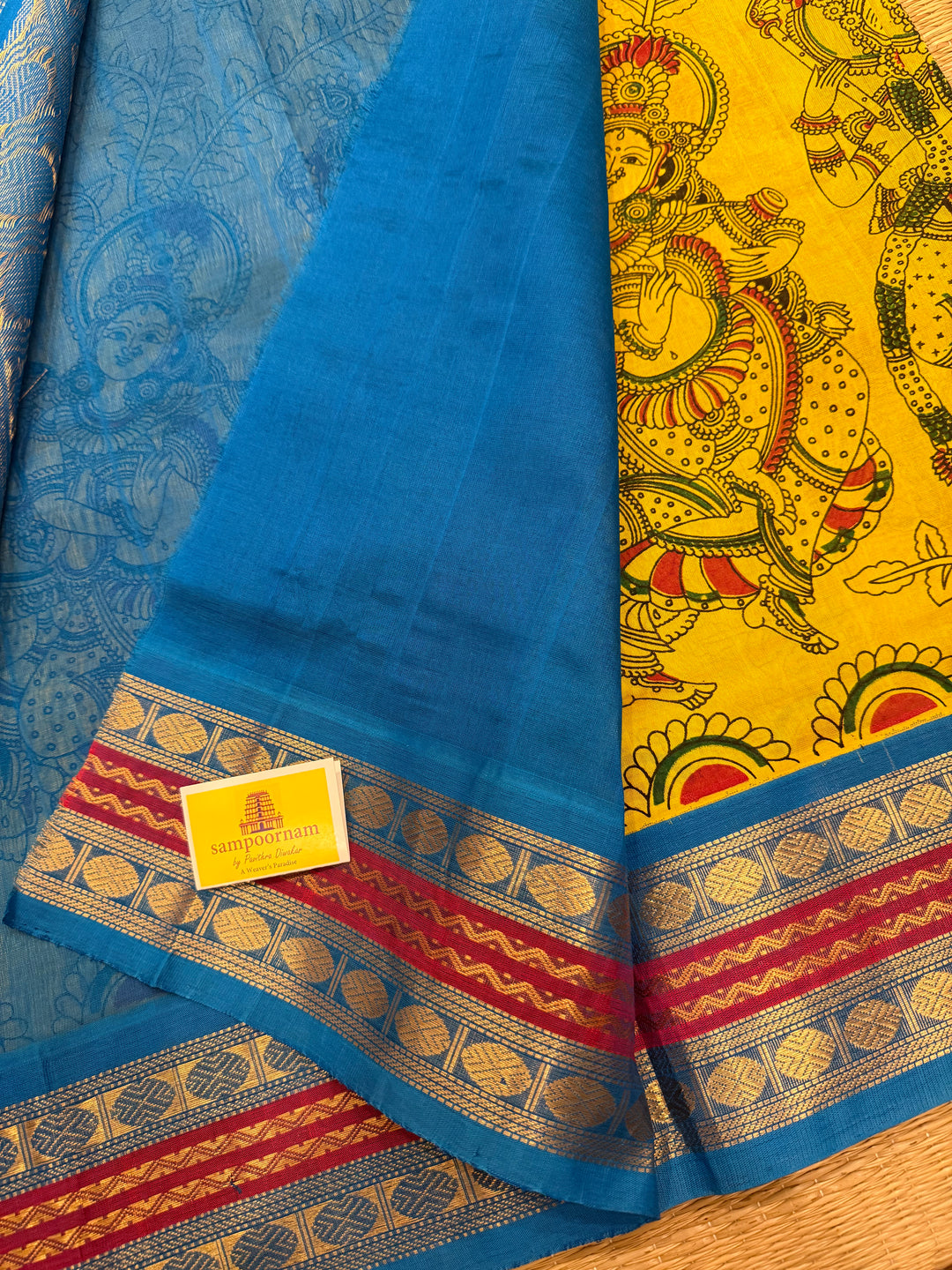 Yellow with Copper Sulphate Blue , Rudraksh border rich Pallu Radhakrishna printed Korvai Silk Cotton Saree