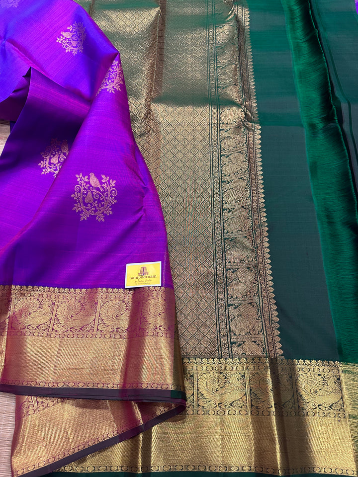 A Traditional Purple with Green Rich Pallu Zari Pure Kanjivaram Silk Saree