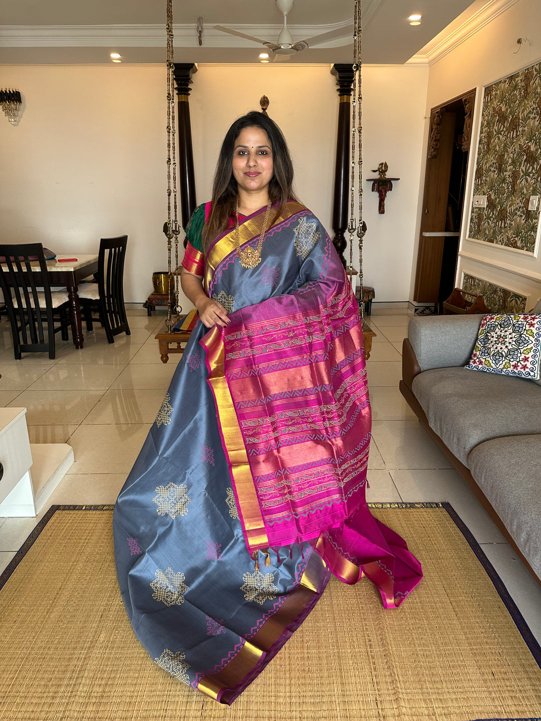 Grey with Purple Handblock Printed Silk Cotton Saree