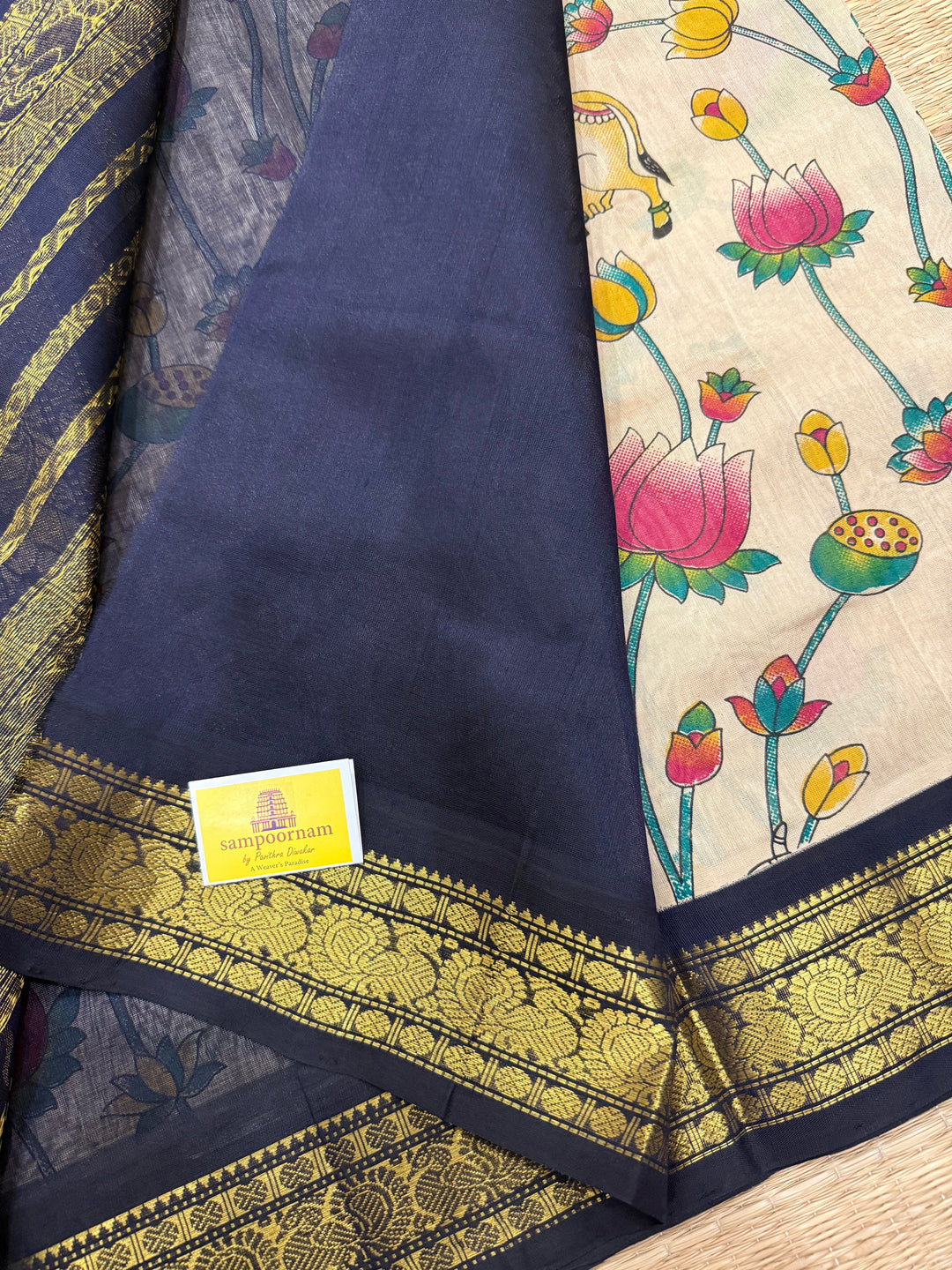Light Beige with Black Traditional Mayil Border and Rich Pallu Korvai Silk Cotton Saree
