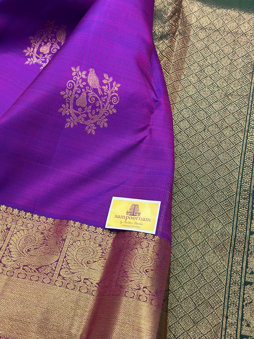 A Traditional Purple with Green Rich Pallu Zari Pure Kanjivaram Silk Saree