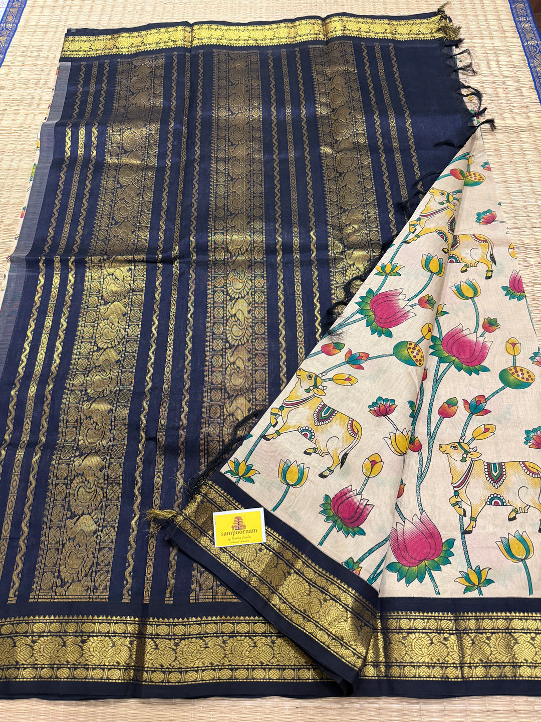 Light Beige with Black Traditional Mayil Border and Rich Pallu Korvai Silk Cotton Saree