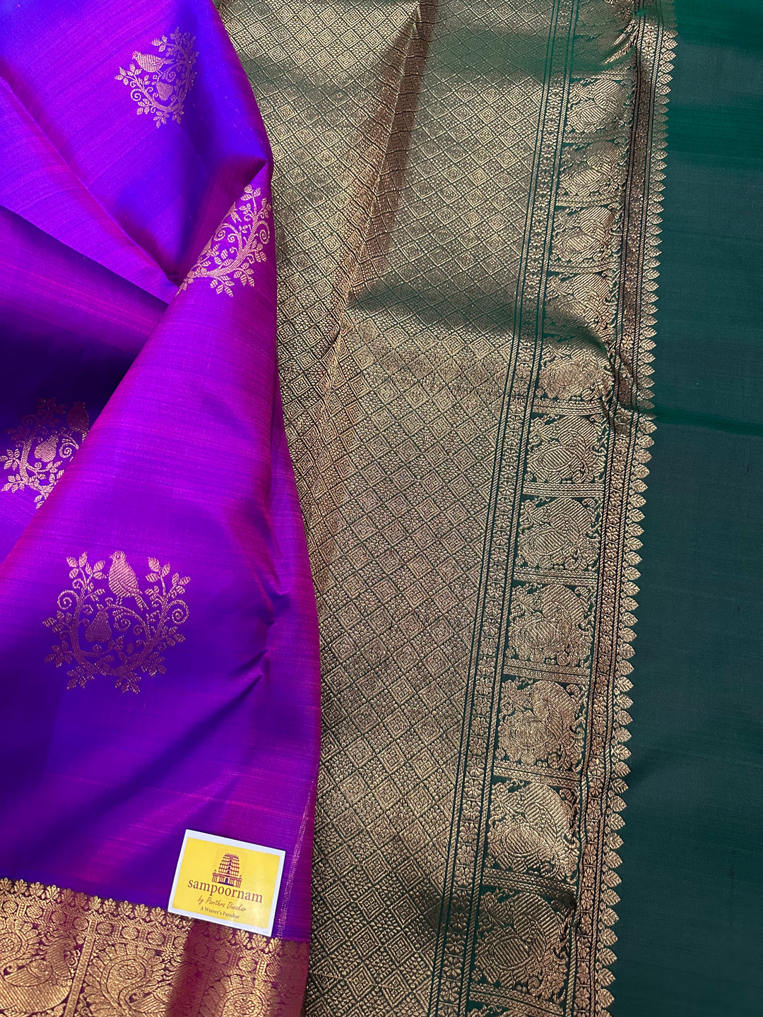 A Traditional Purple with Green Rich Pallu Zari Pure Kanjivaram Silk Saree