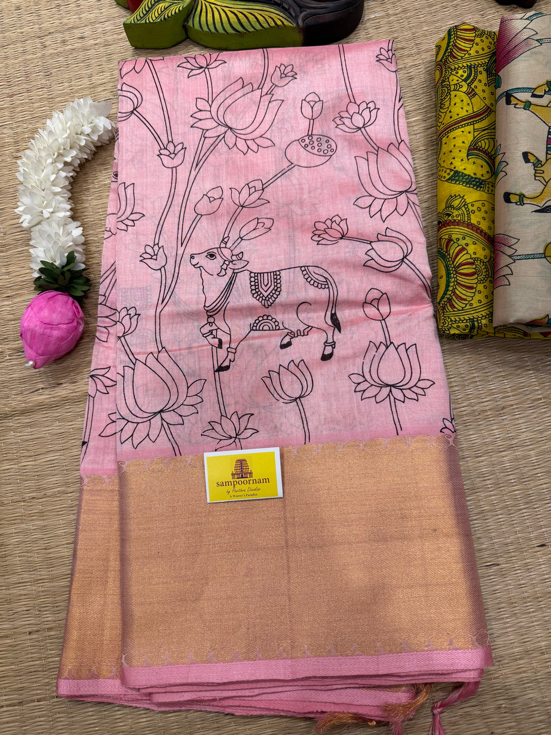 Baby Pink with rich Gold tissue border and rich Tissue Pallu , Pichwai outline printed Silk Cotton Saree