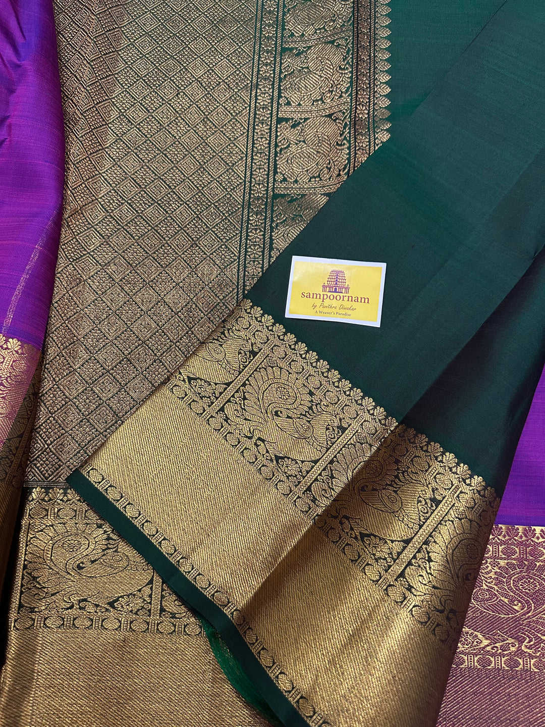 A Traditional Purple with Green Rich Pallu Zari Pure Kanjivaram Silk Saree