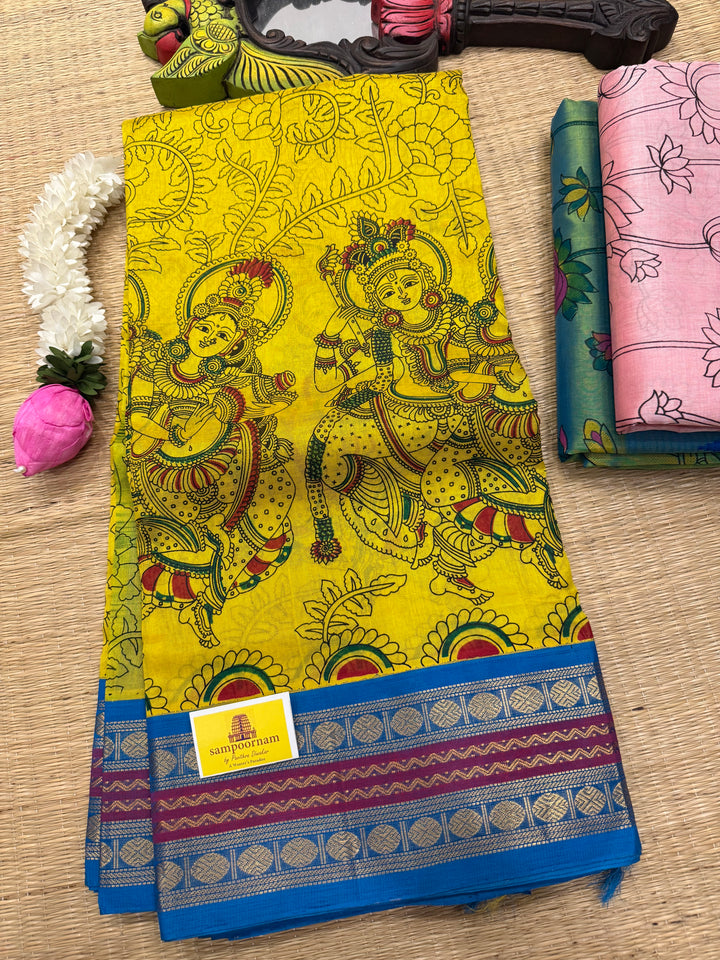 Yellow with Copper Sulphate Blue , Rudraksh border rich Pallu Radhakrishna printed Korvai Silk Cotton Saree
