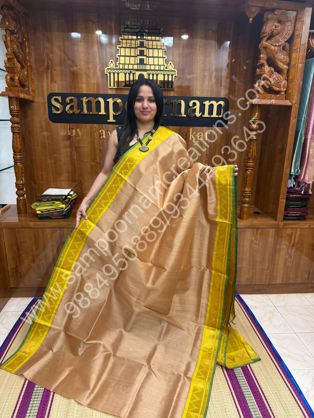 Light Gold with Lemon Yellow  , traditional borders and rich Pallu Korvai Silk Cotton Saree
