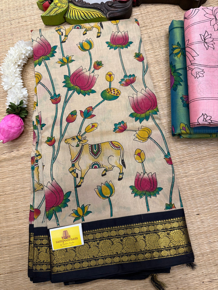 Light Beige with Black Traditional Mayil Border and Rich Pallu Korvai Silk Cotton Saree