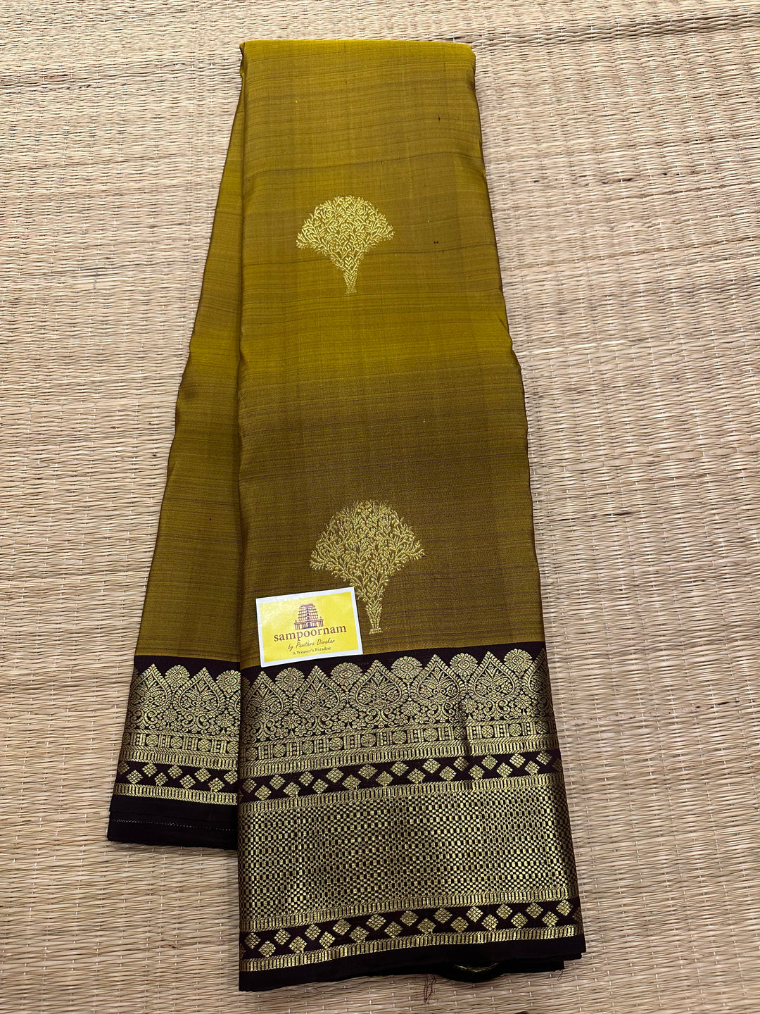 Fenugreek Vendhayam with Dark Coffee Brown Rich Butta and Grand Pallu Kanjivaram Silk Saree