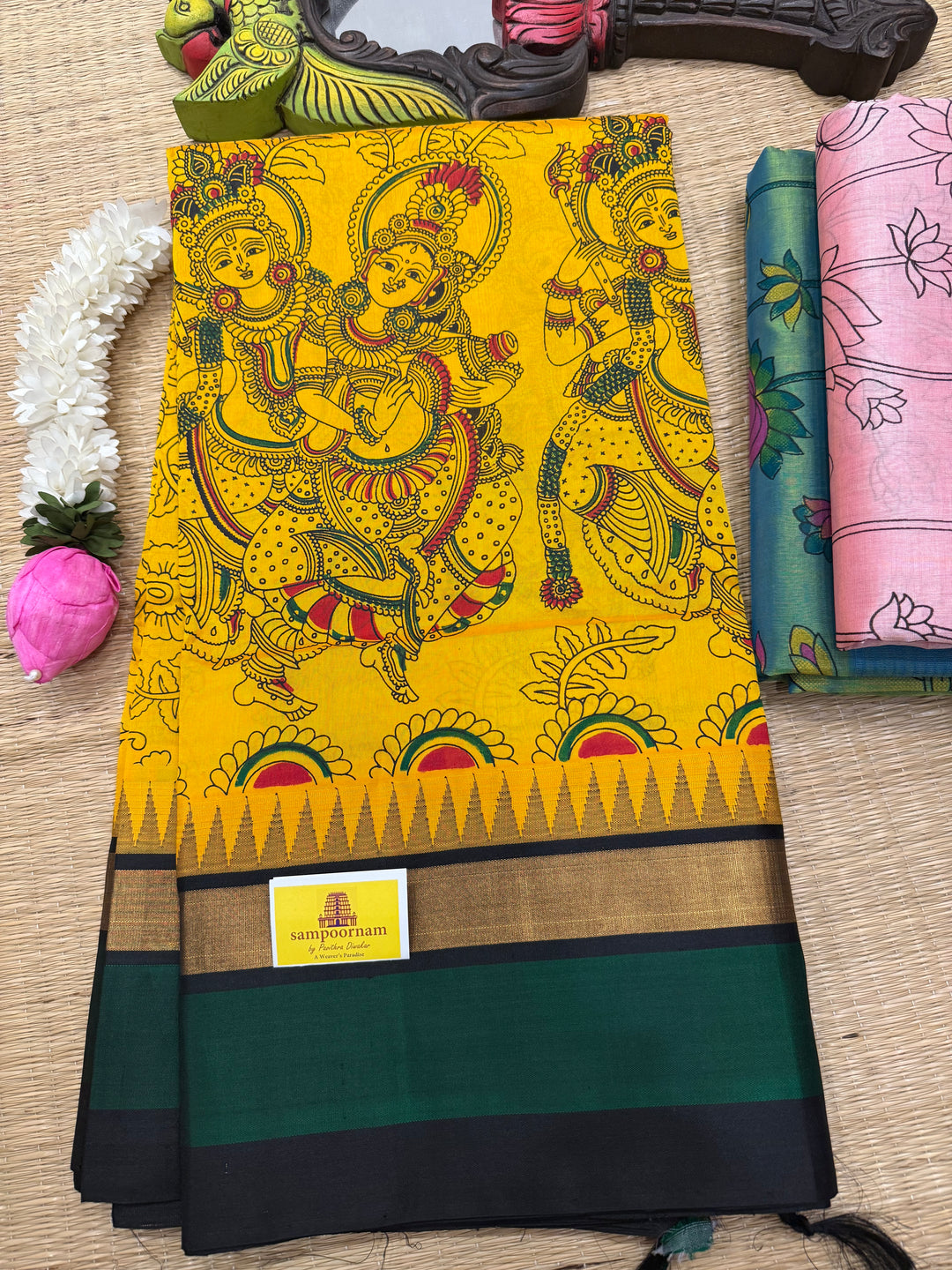 Yellow with Black , triple colour temple border ,rich Pallu Radhakrishna printed Korvai Silk Cotton Saree