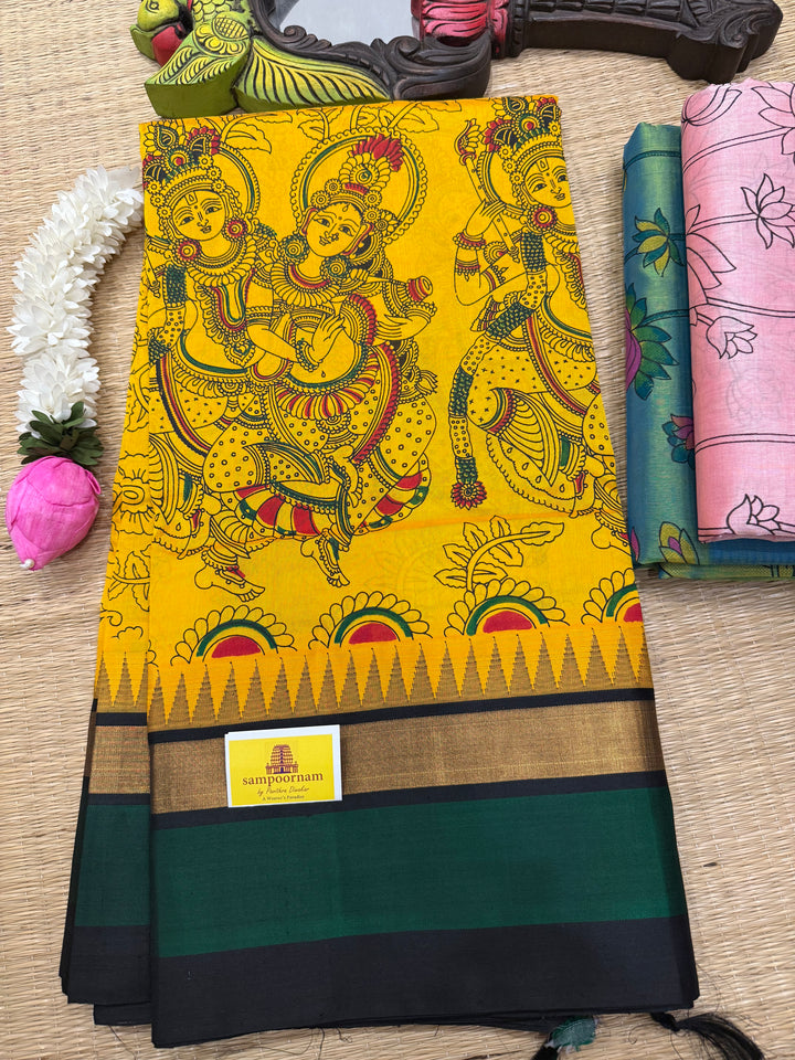 Yellow with Black , triple colour temple border ,rich Pallu Radhakrishna printed Korvai Silk Cotton Saree