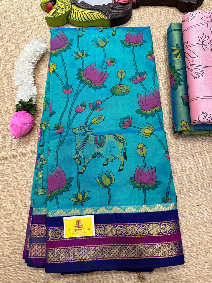 Ramar Blue with Ganga Jamuna borders Blue and Purple ,  rich Pallu , Pichwai printed Korvai Silk Cotton Saree