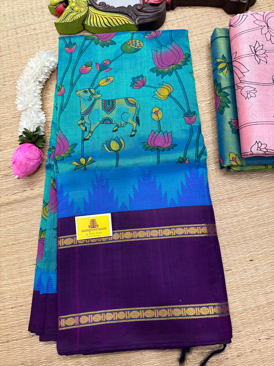 Ramar Blue with Purple ,one side rettapet big temple border and  rich Pallu , Pichwai printed Korvai Silk Cotton Saree