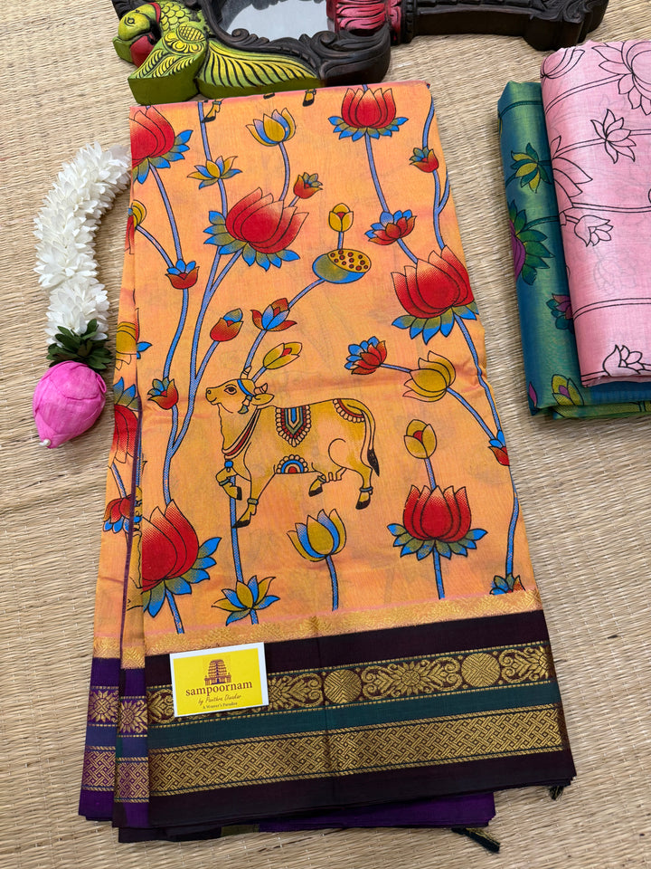 Peachish Orange with Ganga Jamuna borders Brown and Purple ,  rich Pallu Pichwai printed Korvai Silk Cotton Saree