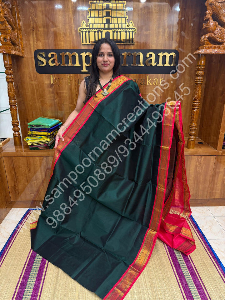 Bottle Green with Reddish Pink  , traditional borders and rich Pallu Korvai Silk Cotton Saree
