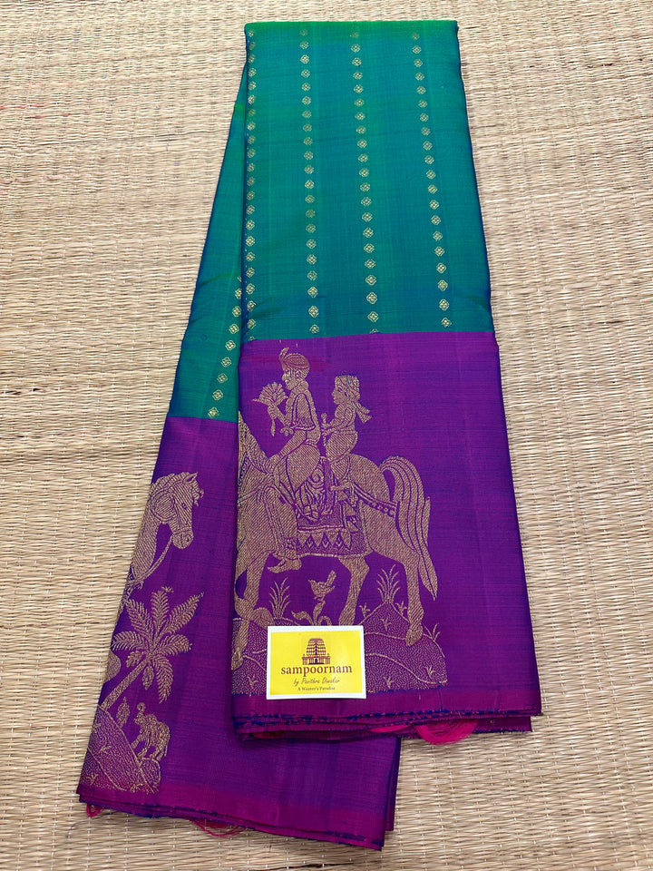 Mayil Kazhuthu with Purple Vertical Zari Dots and a Rich Pallu Kanjivaram Silk Saree