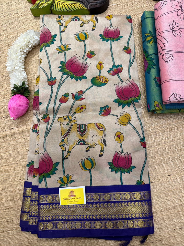 Beige with Blue traditional borders and  rich Pallu , Pichwai printed Korvai Silk Cotton Saree