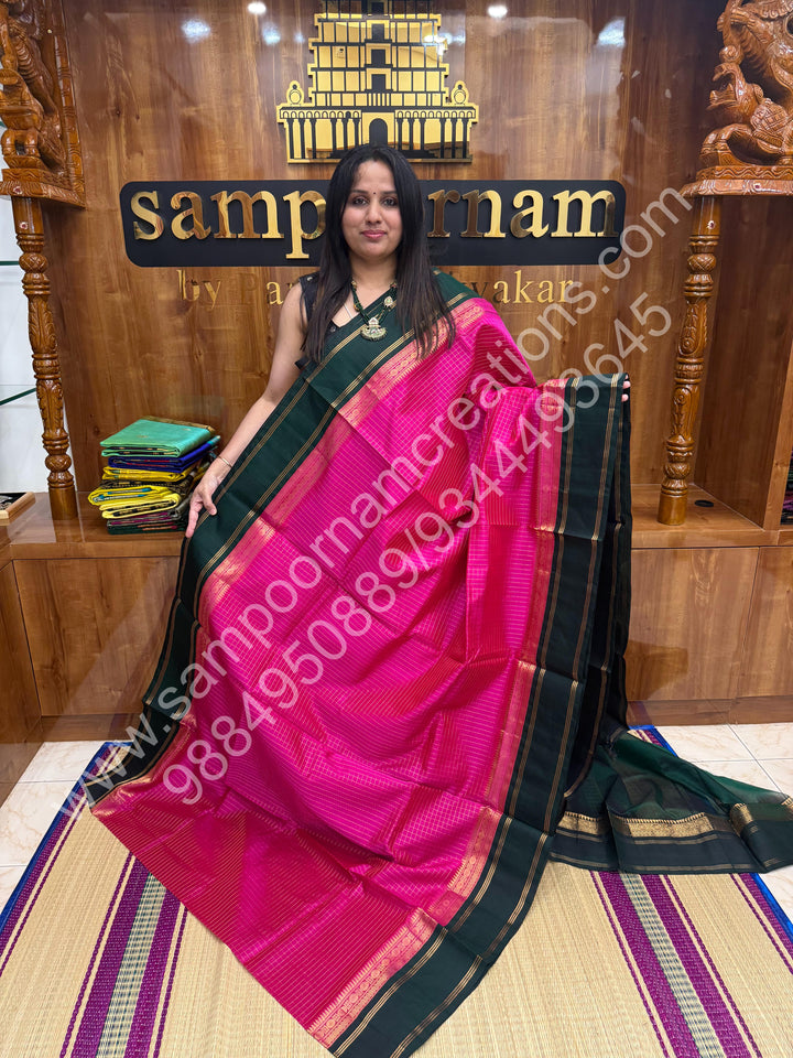 Rani Pink with Green  , Zari checks in the body , rich borders with traditional Pallu Korvai Silk Cotton Saree