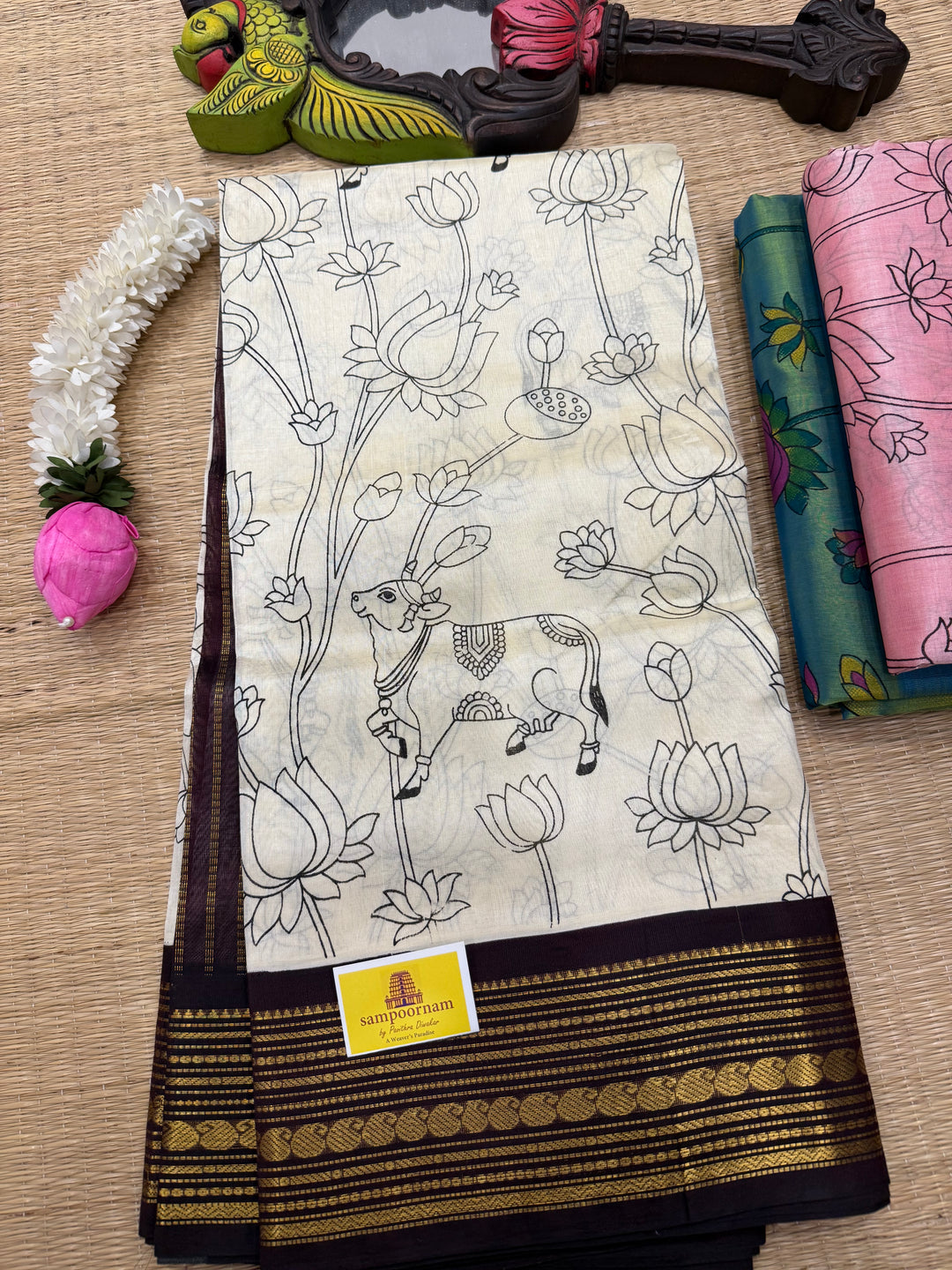 Offwhite with Brown traditional borders and  rich Pallu , Pichwai outline printed Korvai Silk Cotton Saree