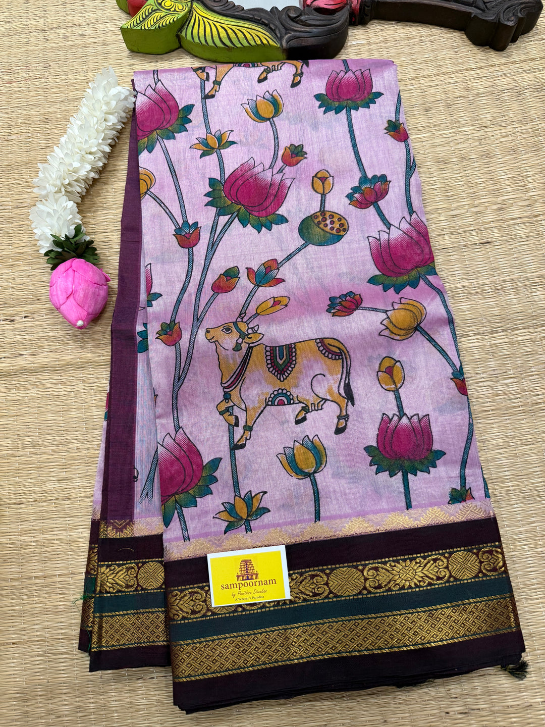 Lavender with Brown traditional borders and rich Pallu , Pichwai printed Korvai Silk Cotton Saree