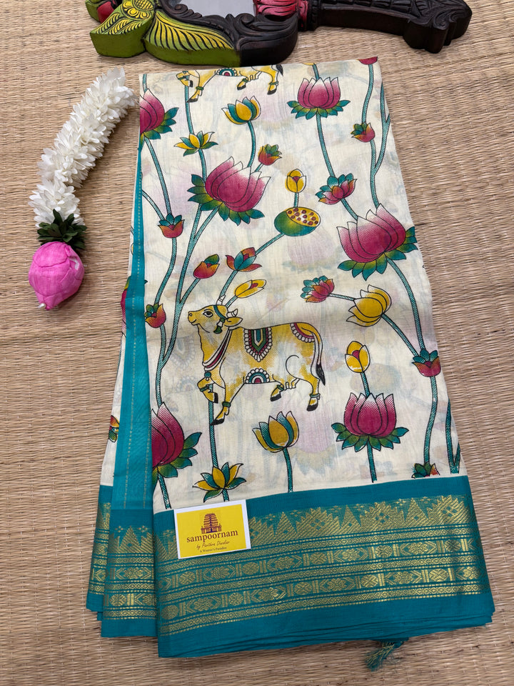 Offwhite with Turquoise traditional borders and rich Pallu , Pichwai printed Korvai Silk Cotton Saree