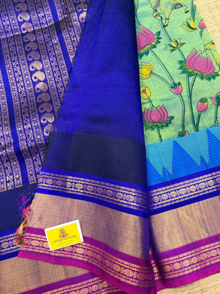 Mayilkazhuthu with Blue , Triple colour one side big Temple border , Pichwai printed Korvai Silk Cotton Saree