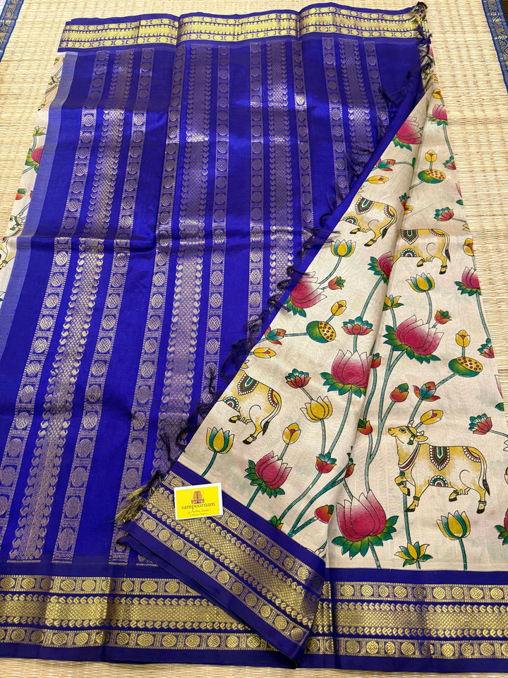 Beige with Blue traditional borders and  rich Pallu , Pichwai printed Korvai Silk Cotton Saree