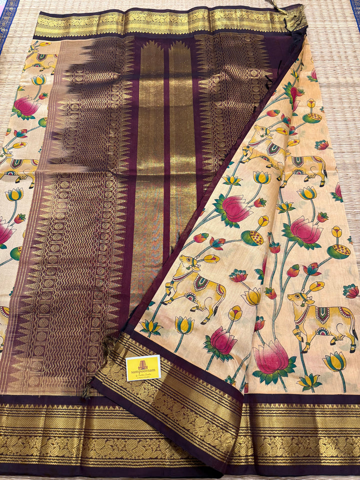 Light Gold with Brown Traditional Borders, and Rich Pallu Korvai Silk Cotton Saree