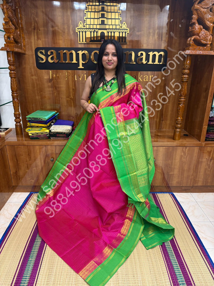 Rani Pink with Parrot Green  , Zari checks in the body , rich borders with traditional Pallu Korvai Silk Cotton Saree