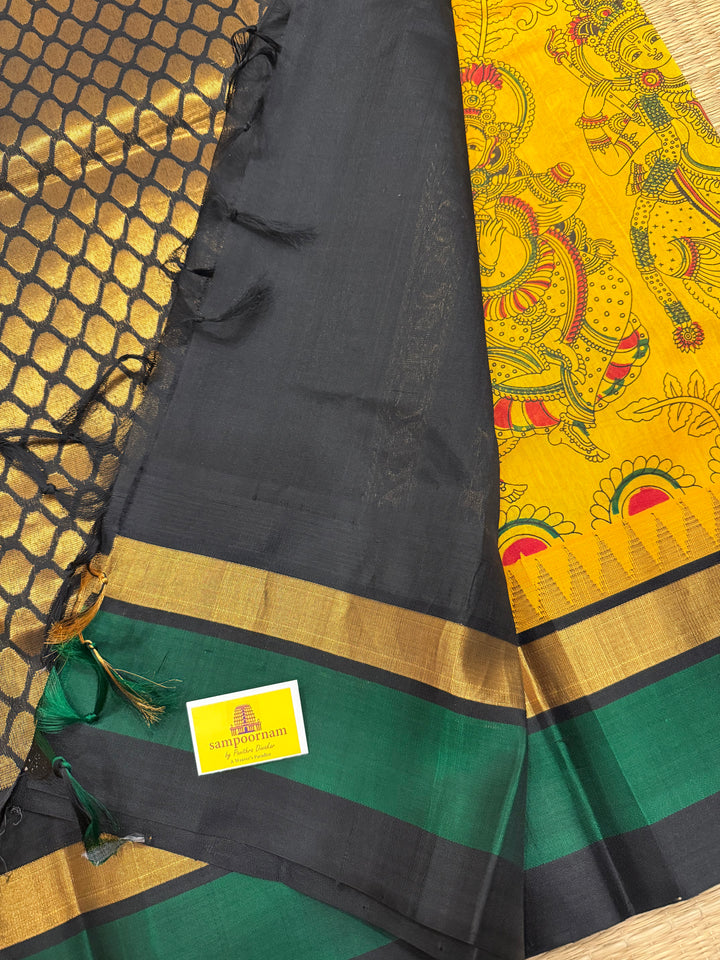Yellow with Black , triple colour temple border ,rich Pallu Radhakrishna printed Korvai Silk Cotton Saree