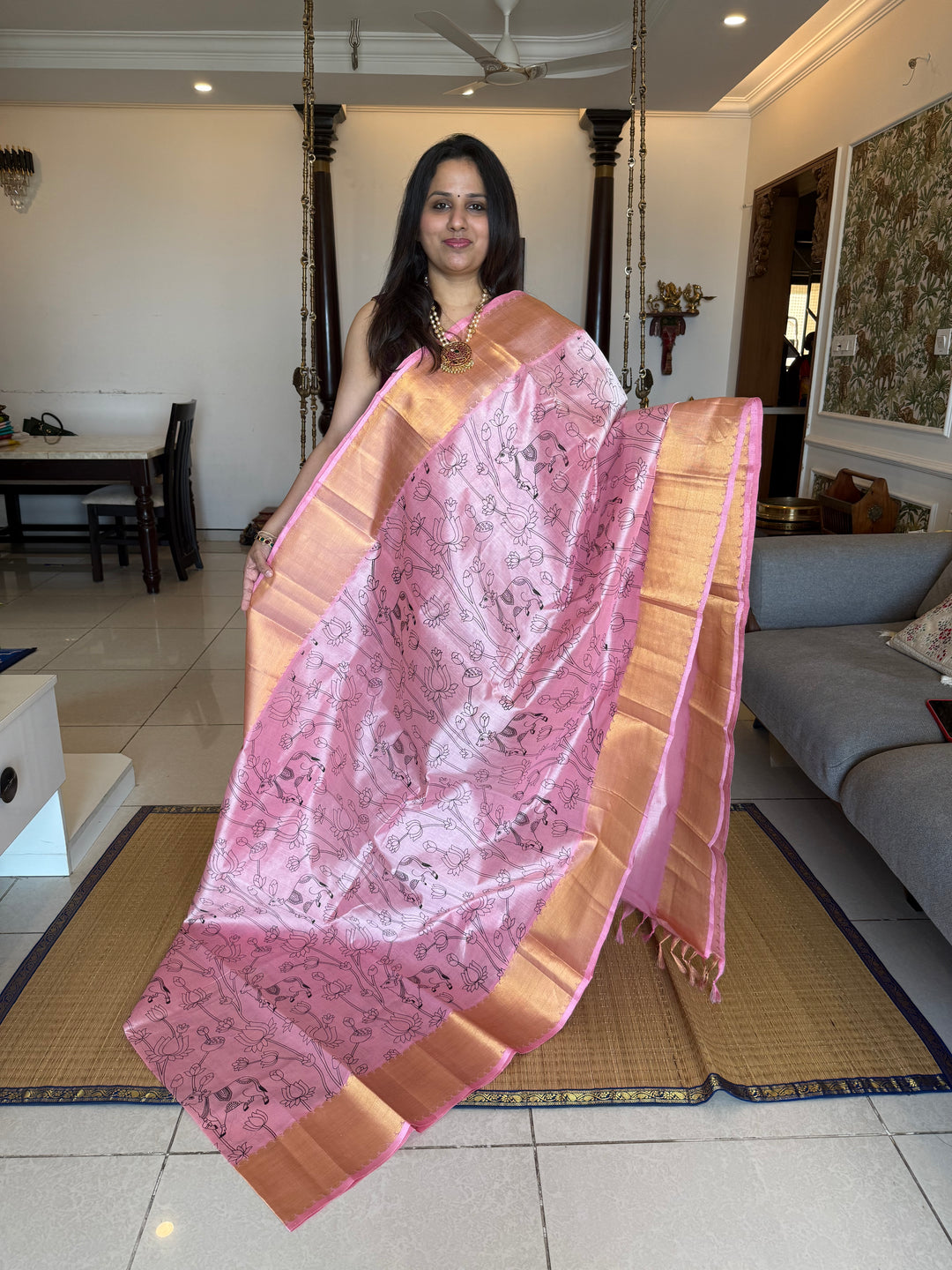 Baby Pink with rich Gold tissue border and rich Tissue Pallu , Pichwai outline printed Silk Cotton Saree