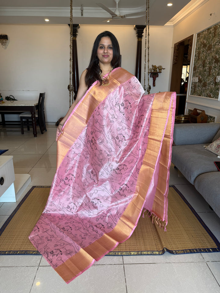 Baby Pink with rich Gold tissue border and rich Tissue Pallu , Pichwai outline printed Silk Cotton Saree